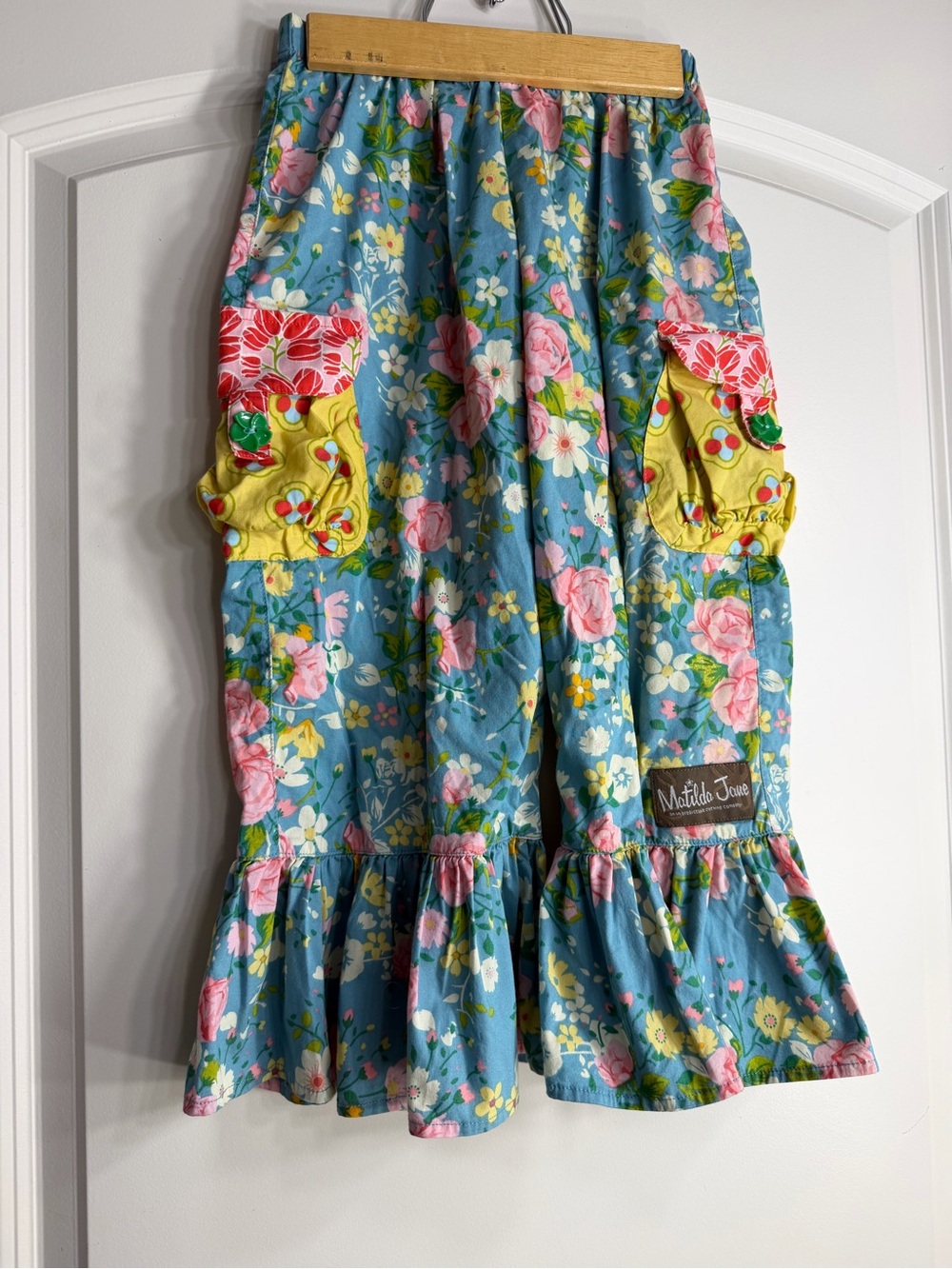 Matilda Jane Blue Floral Ruffle Pants with Pink Roses and Yellow Patch Pockets